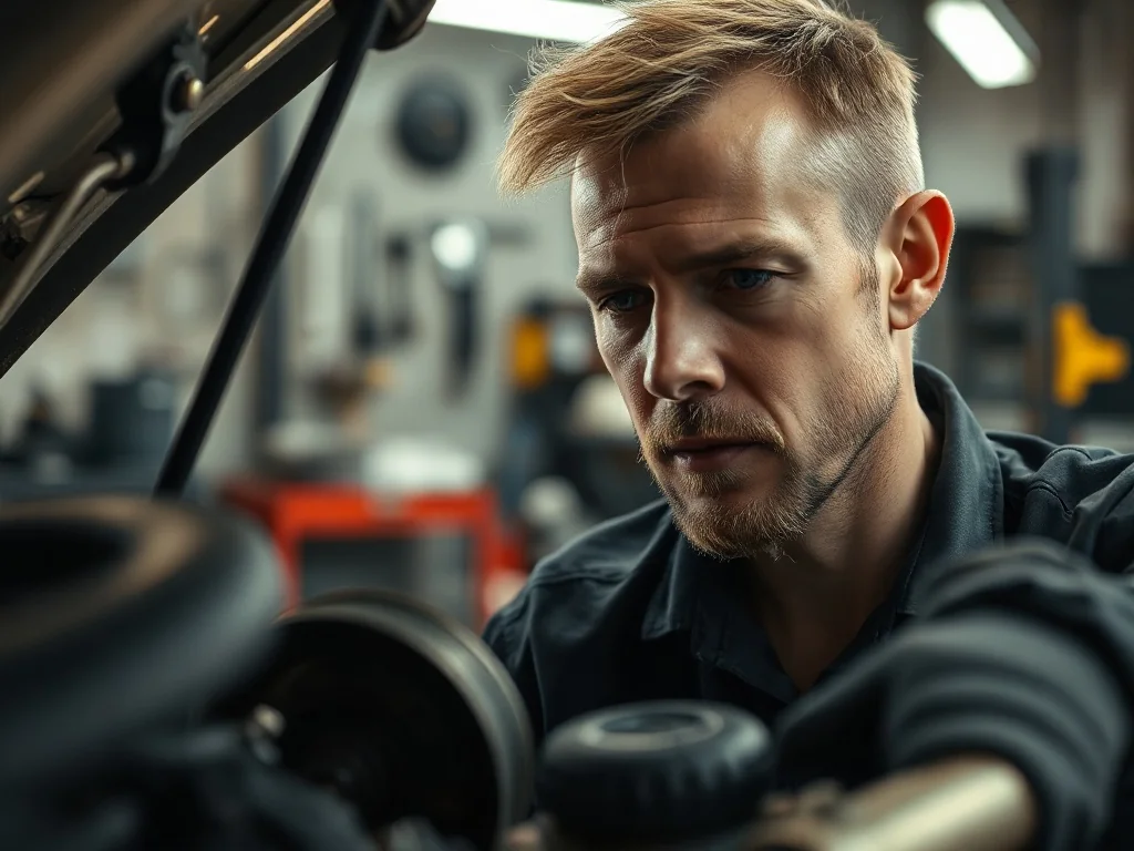 Mechanik samochodowy dokonuje inspekcji paska rozrządu w silniku Ford 1.0 EcoBoost w profesjonalnym warsztacie.