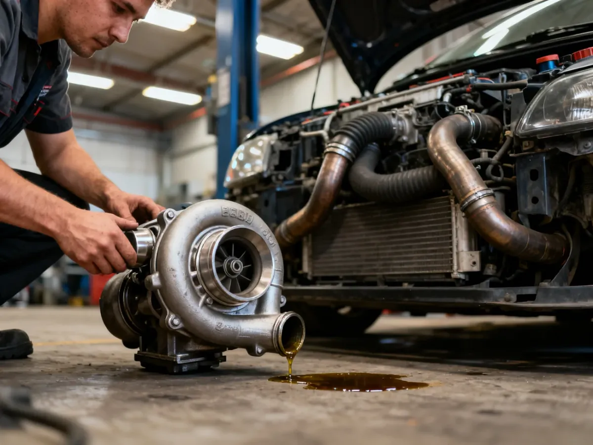 Mechanik sprawdza turbosprężarkę przy otwartym silniku samochodu