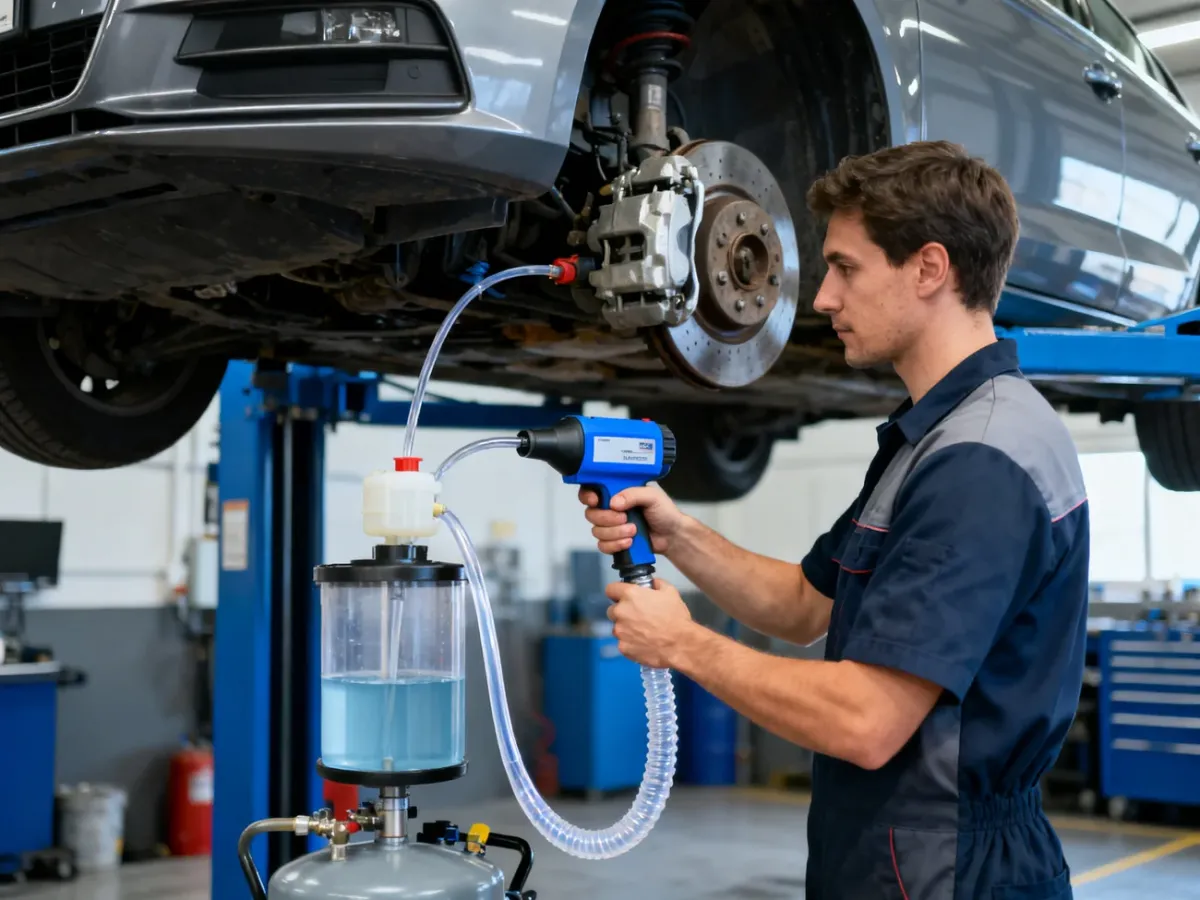 Mechanik wykonujący podciśnieniową wymianę płynu hamulcowego przy zacisku koła