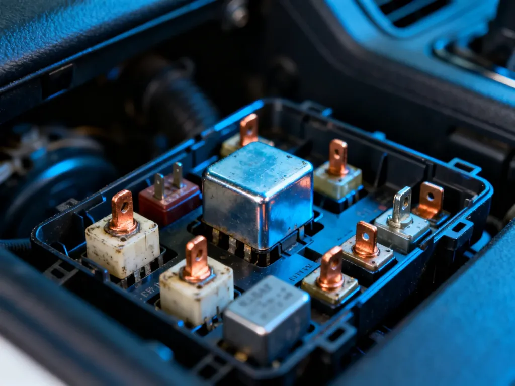Otwarta skrzynka bezpieczników i przekaźników w samochodzie z widocznymi elementami elektrycznymi.