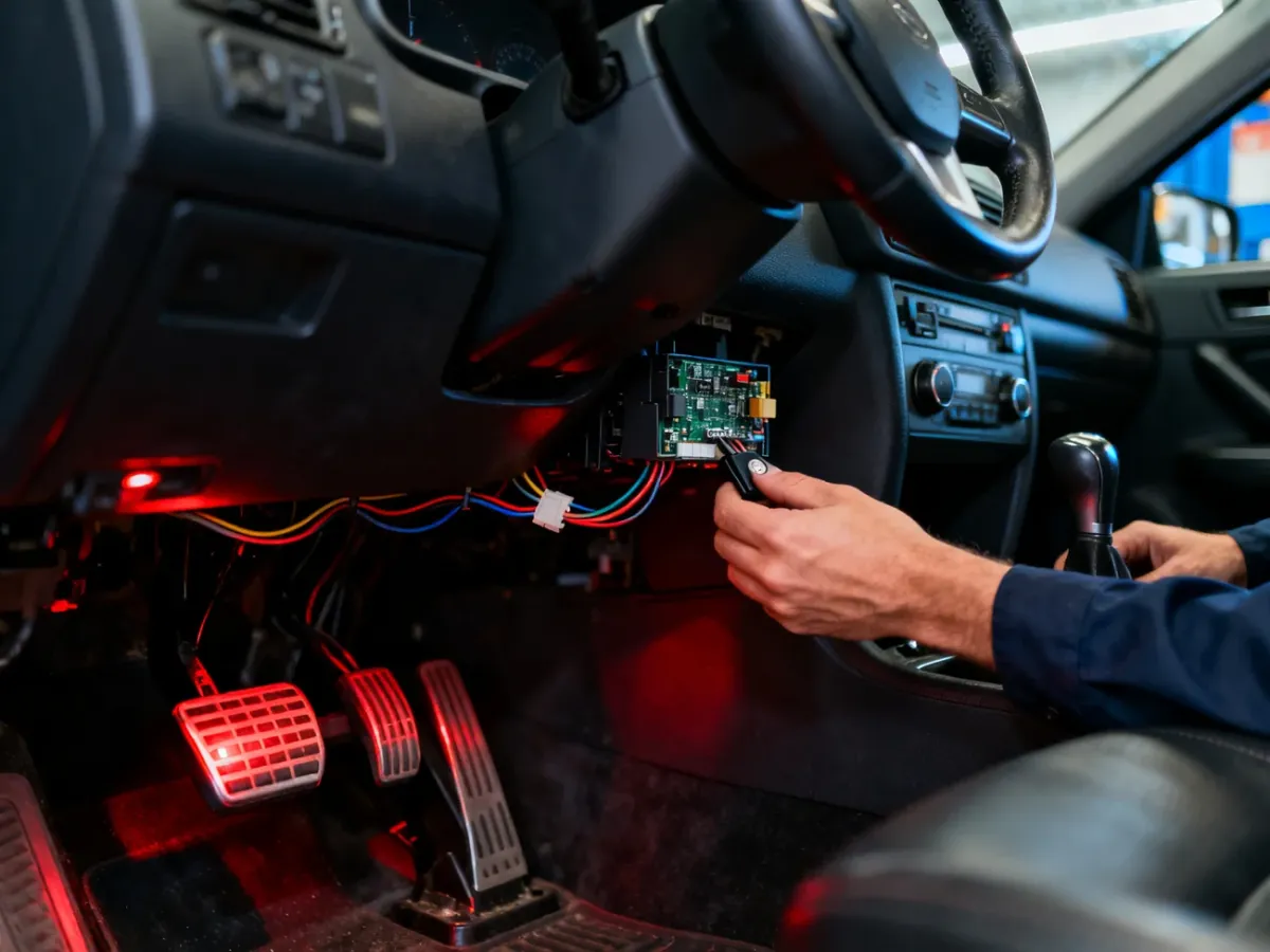 Mechanik sprawdzający czujnik pedału hamulca i jego przewody pod deską rozdzielczą