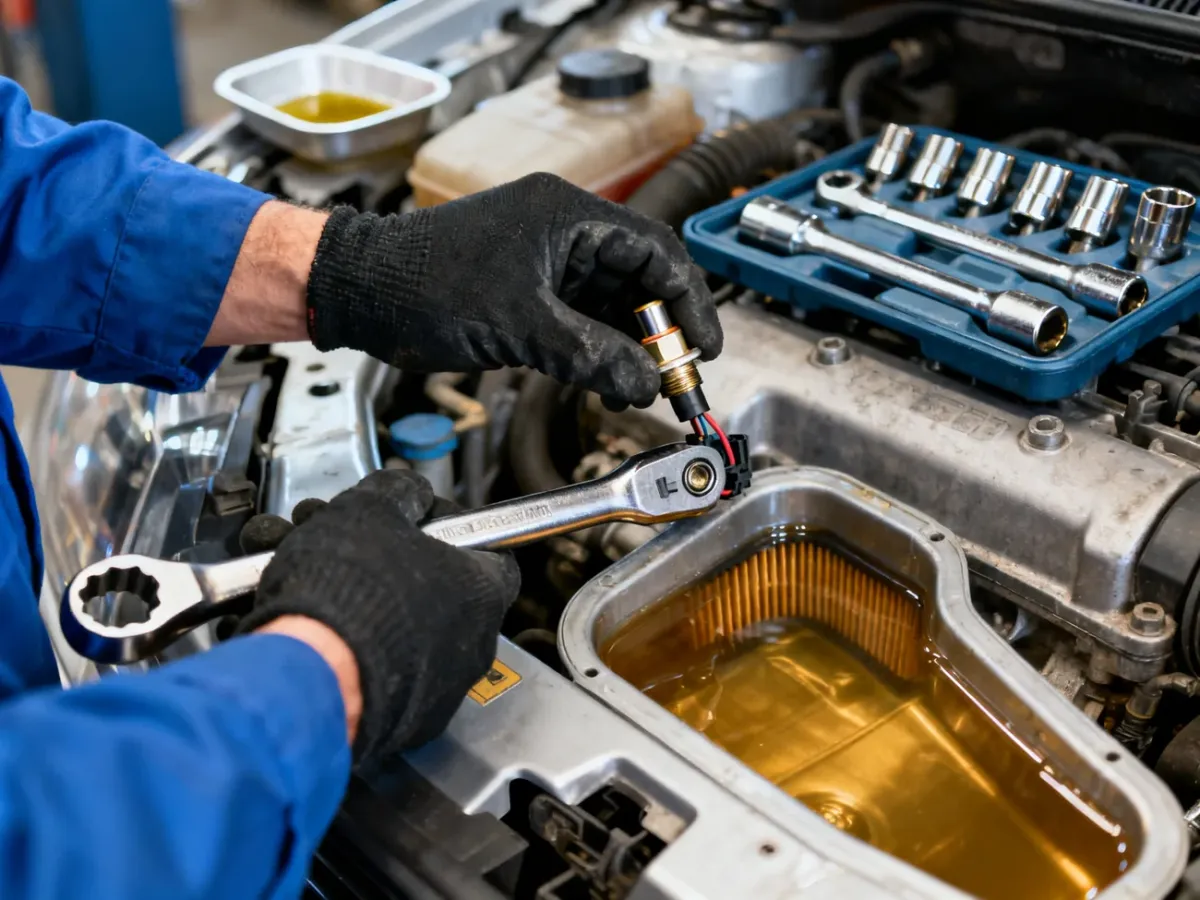 Mechanik montujący nowy czujnik ciśnienia oleju w komorze silnika