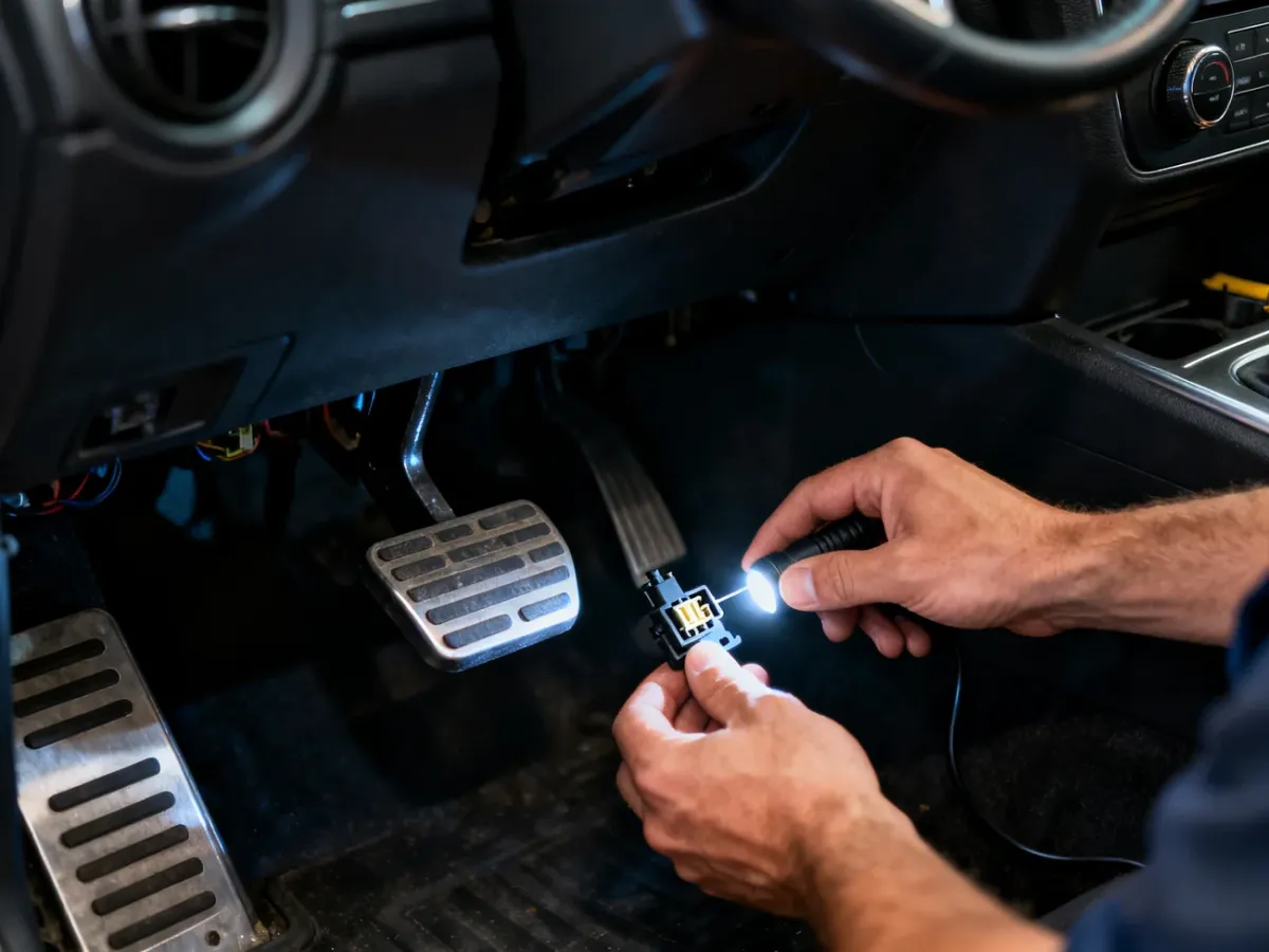 Mechanik ostrożnie montujący czujnik przy pedale sprzęgła pod deską rozdzielczą
