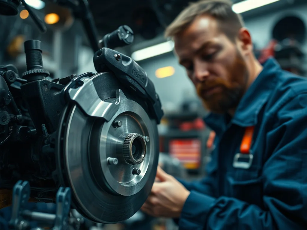 Mechanik naprawiający tarczę hamulcową w profesjonalnym warsztacie samochodowym.