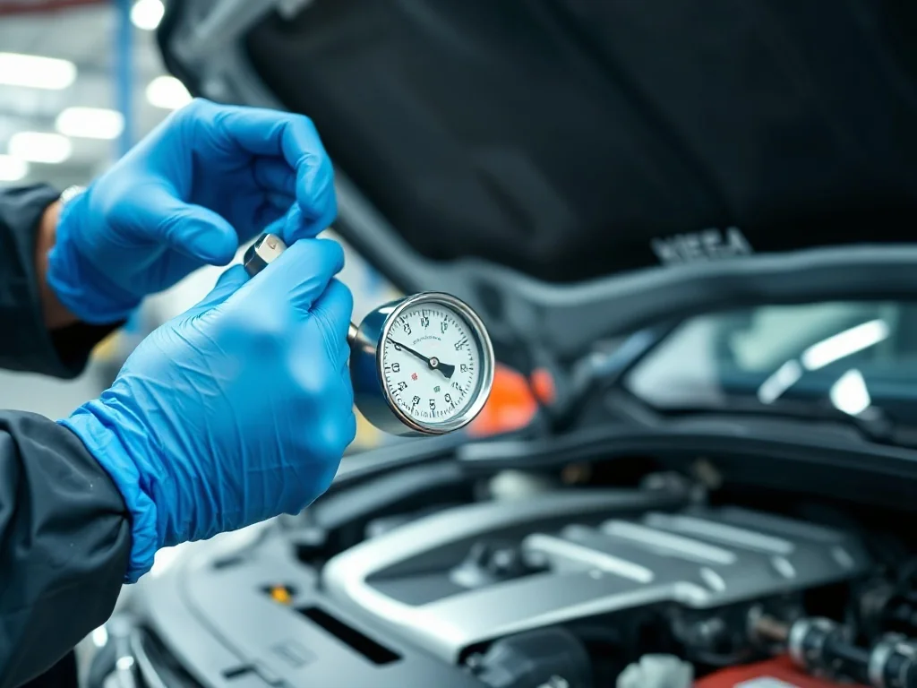 Mechanik w niebieskich rękawicach podłącza manometr do zaworu klimatyzacji samochodowej w profesjonalnym warsztacie.