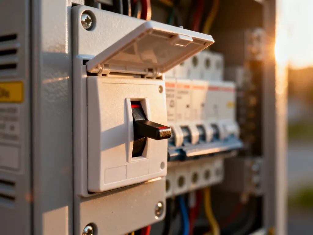 Otwarta skrzynka bezpiecznikowa z jednym wyłączonym wyłącznikiem nadprądowym, sygnalizującym awarię instalacji elektrycznej.