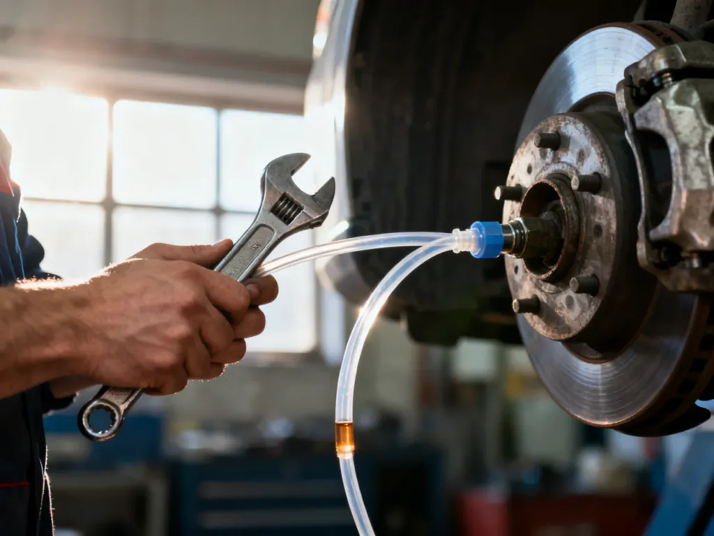 Mechanik dokręca kluczem przewód odpowietrzający przy zacisku hamulcowym, usuwając płyn hamulcowy z układu.