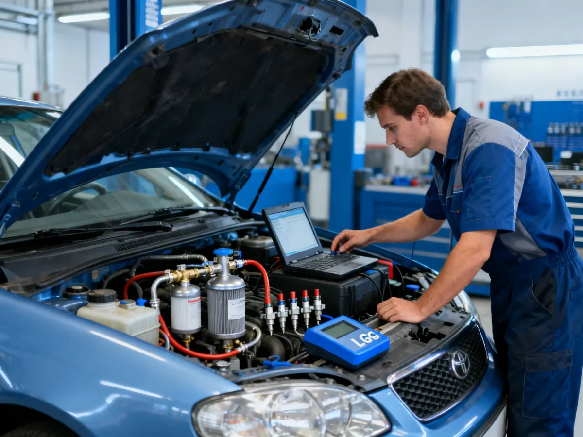 Mechanik diagnozujący instalację LPG w samochodzie