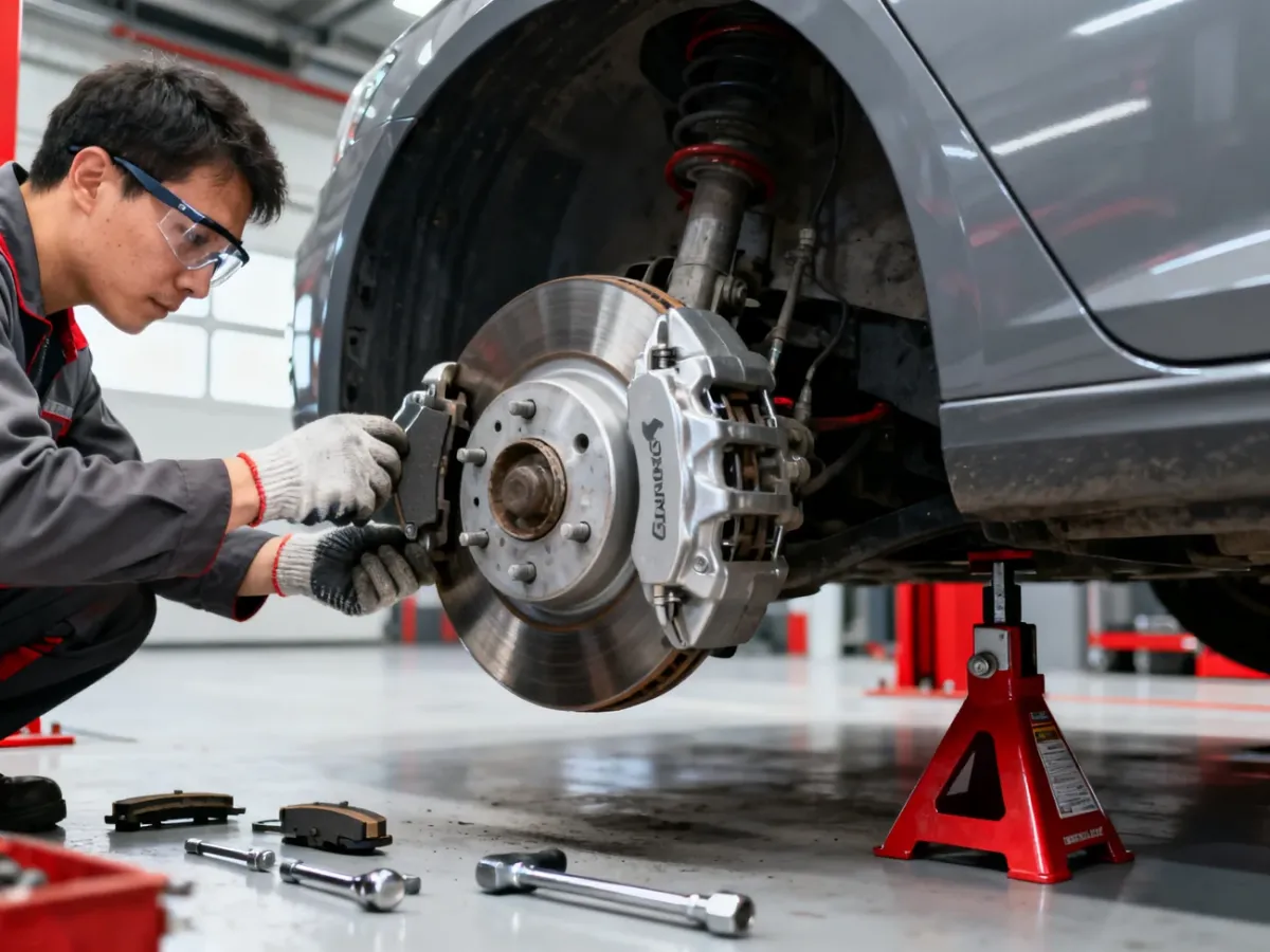 Mechanik bezpiecznie serwisujący przedni hamulec tarczowy samochodu