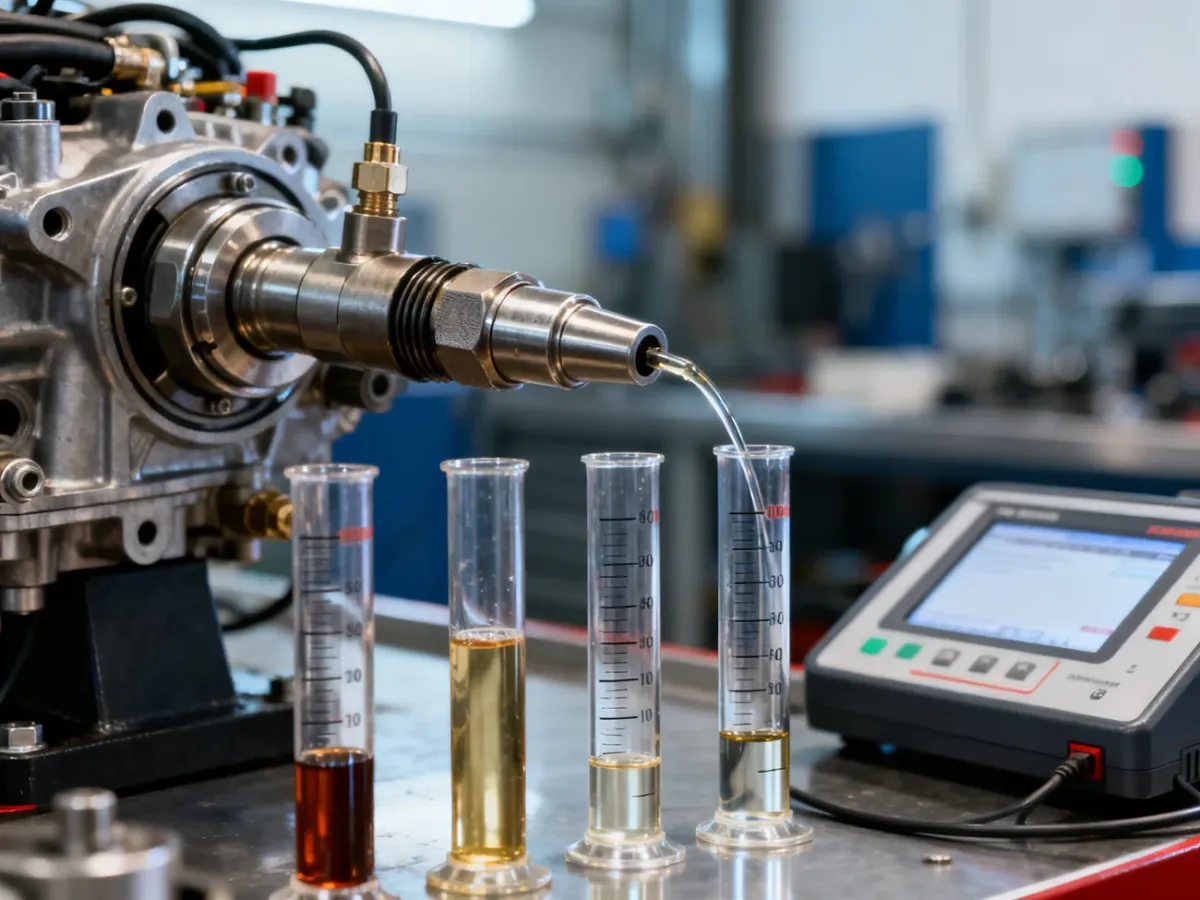 Test przelewowy wtryskiwaczy diesel na stanowisku diagnostycznym