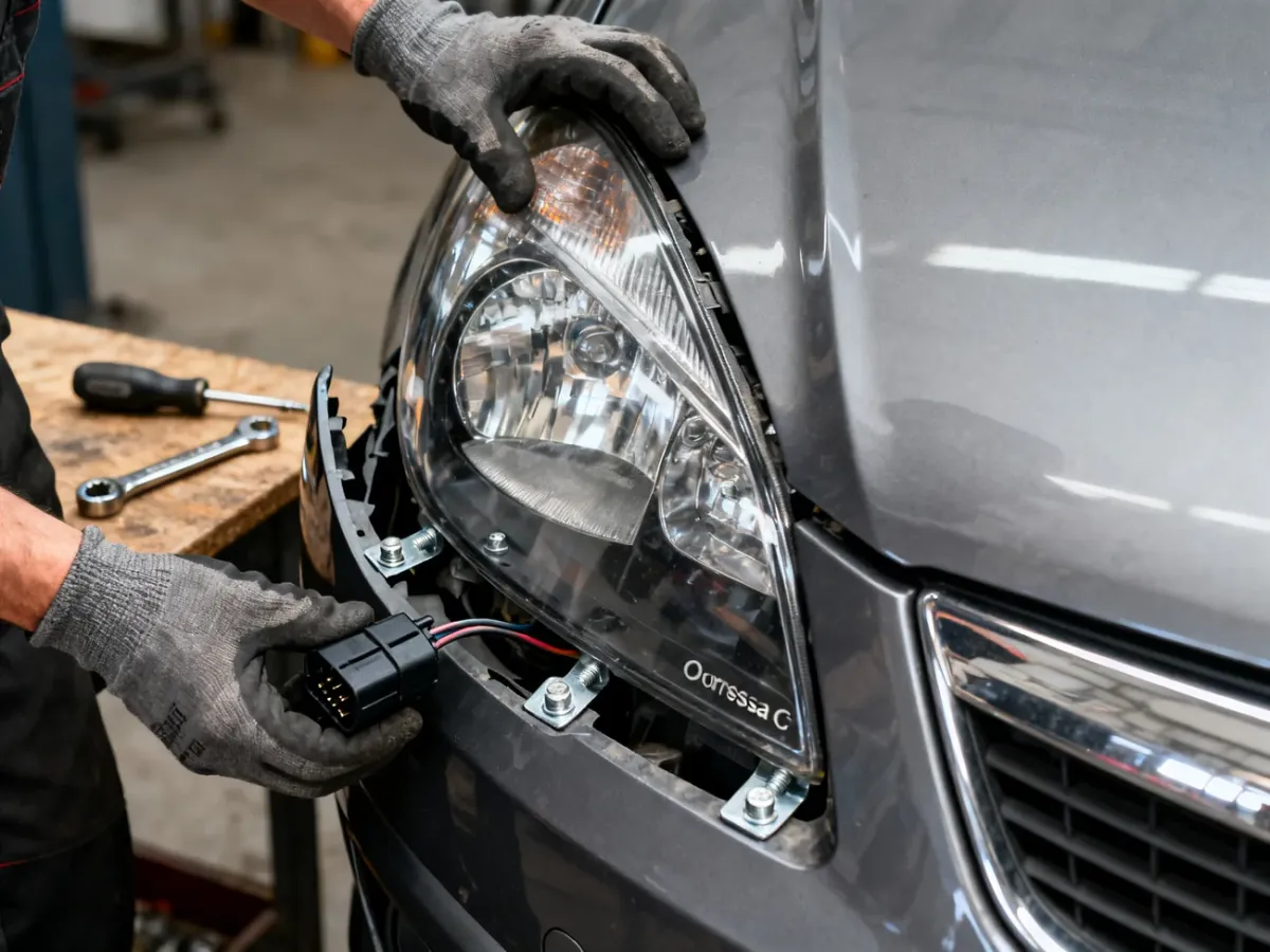 Mechanik wymieniający reflektor w Oplu Corsie C przy odchylonym przednim zderzaku