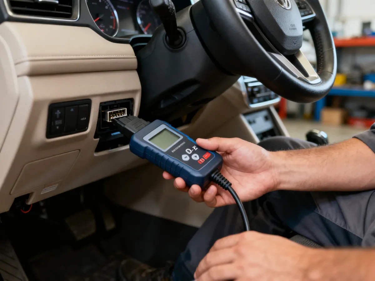 Mechanik podłącza tester diagnostyczny do gniazda OBDII pod deską rozdzielczą samochodu