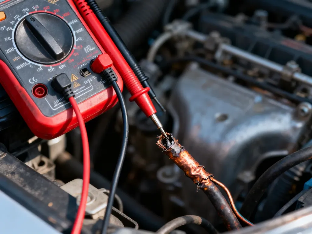 Multimetr mierzący napięcie na skorodowanym przewodzie elektrycznym w komorze silnika samochodu.