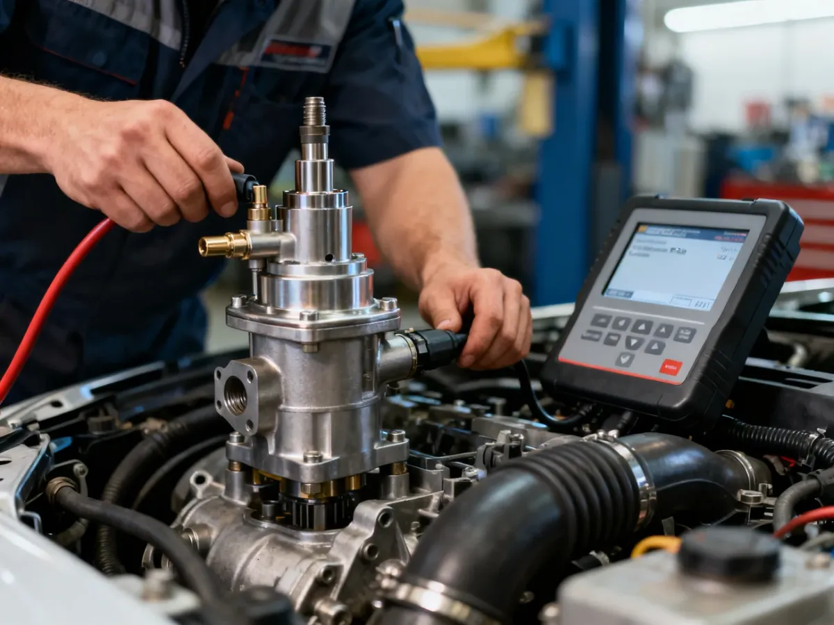 Mechanik diagnozujący układ paliwowy silnika Diesla w warsztacie