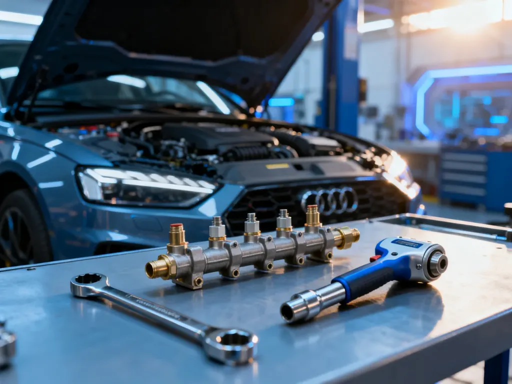 Profesjonalne narzędzia mechaniczne i listwa wtryskowa przygotowane do wymiany wtryskiwaczy w silniku samochodowym.