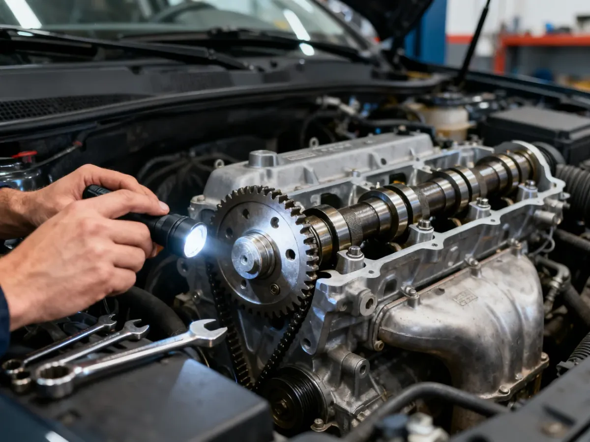 Mechanik sprawdzający koło zmiennych faz rozrządu w odsłoniętym silniku