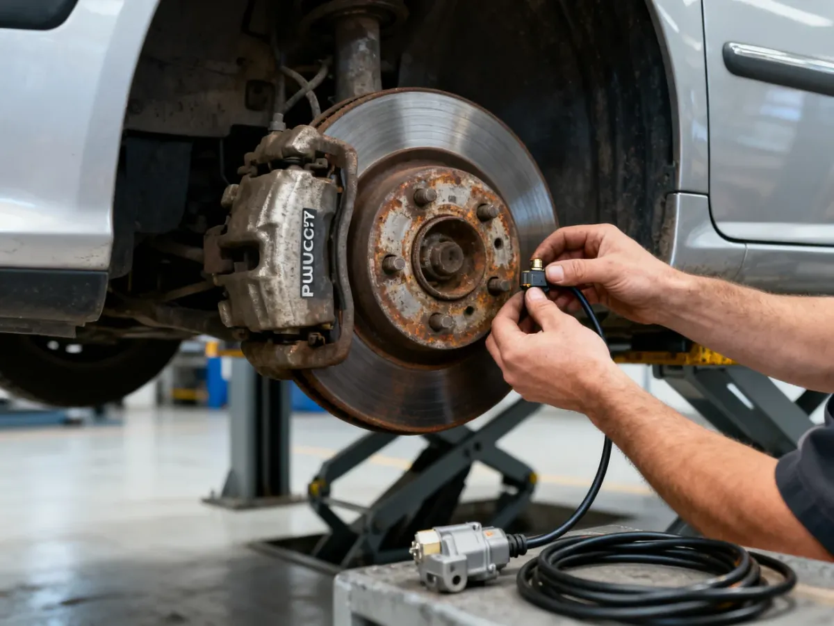 Mechanik ostrożnie wyjmuje zapieczony czujnik ABS z piasty koła