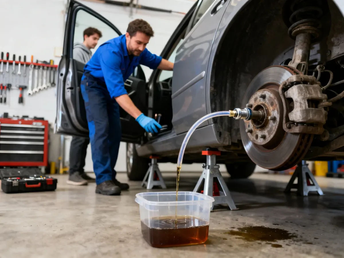 Mechanik odpowietrzający układ hamulcowy samochodu przy użyciu przezroczystego wężyka