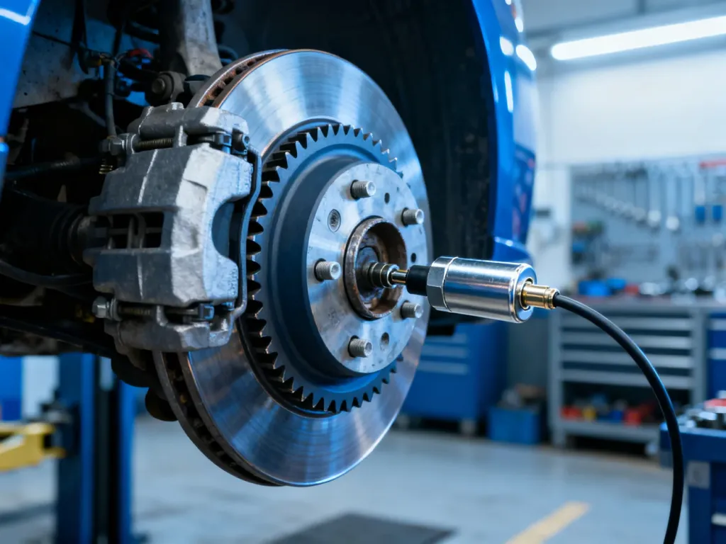 Mechanik montuje czujnik ABS przy piaście koła w samochodzie Audi A6 C5 w profesjonalnym warsztacie.
