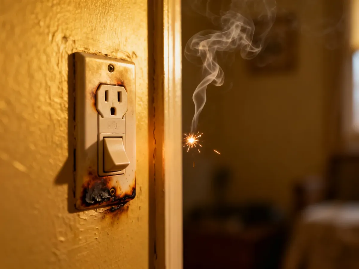 Uszkodzone gniazdko elektryczne z oznakami przegrzania i iskrzenia