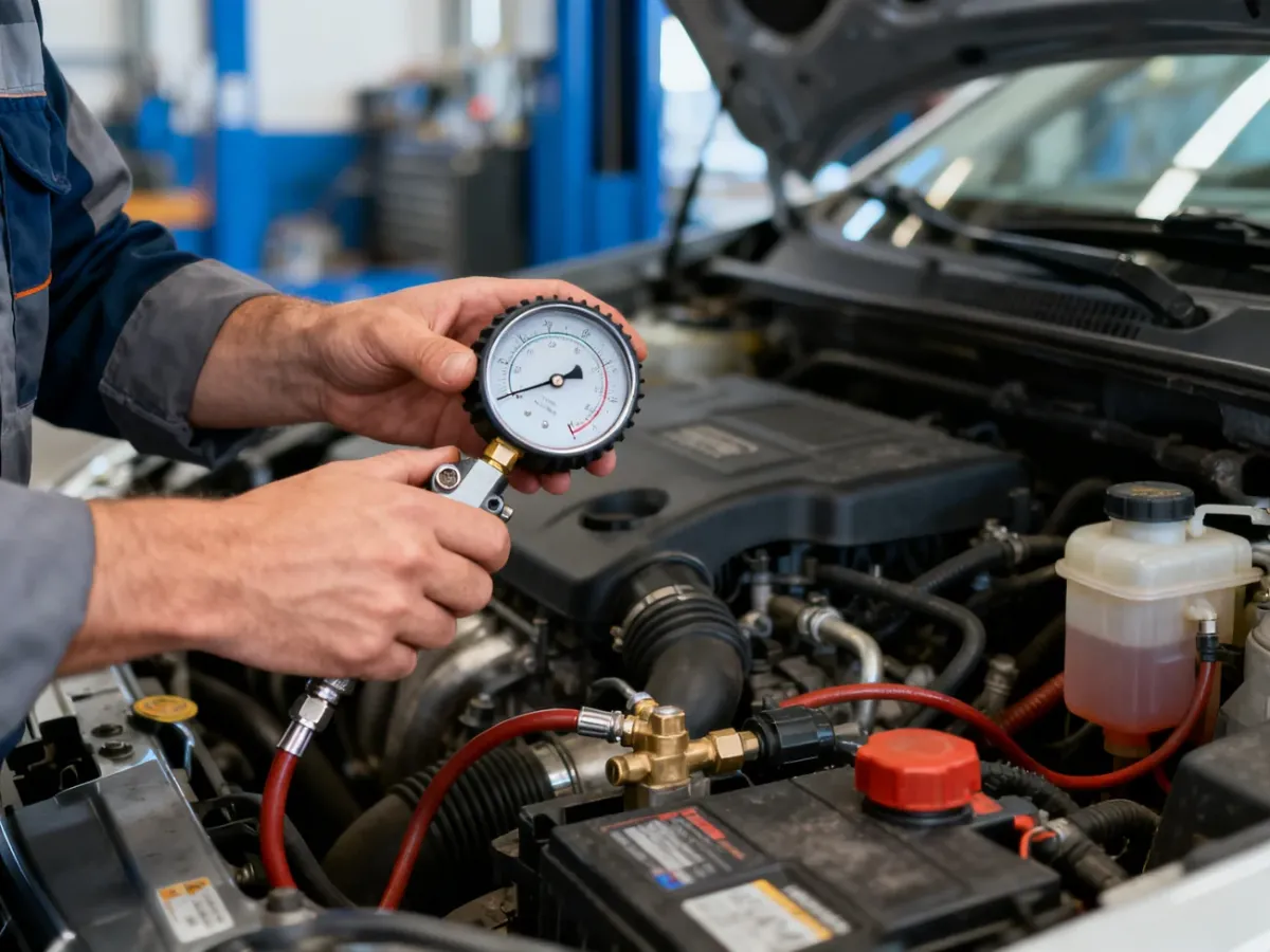 Mechanik mierzący ciśnienie paliwa w samochodzie za pomocą manometru