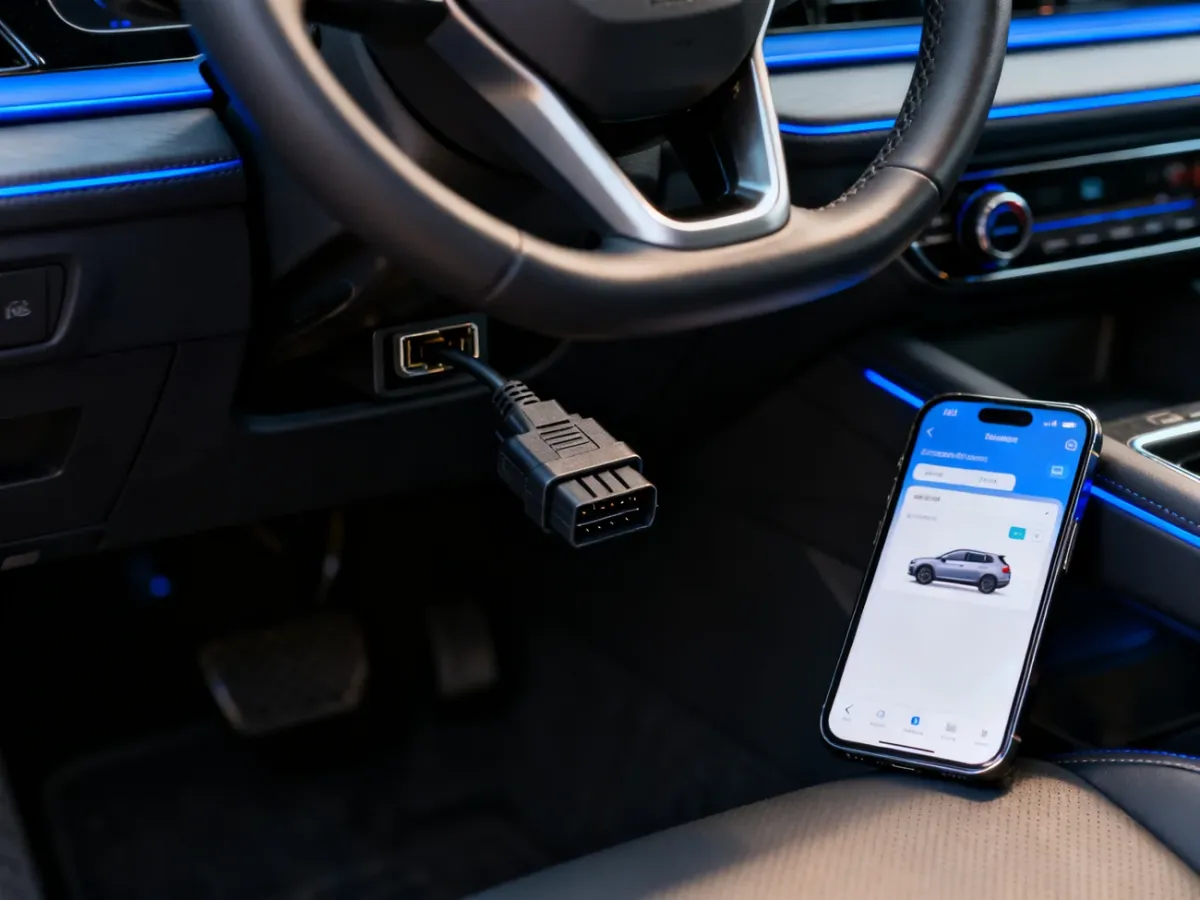 Interfejs OBD2 podłączony pod deską rozdzielczą samochodu obok telefonu