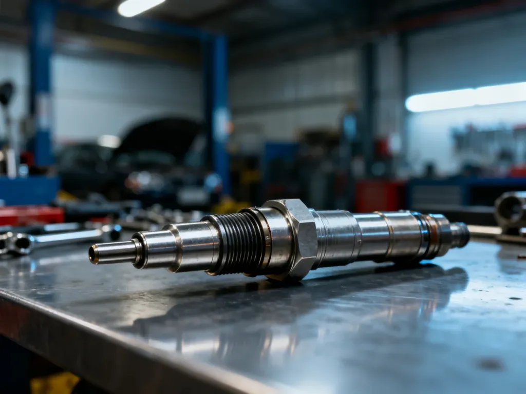 Nowoczesny wtryskiwacz paliwa typu diesel na stole warsztatowym, prezentujący precyzyjną konstrukcję podzespołu.