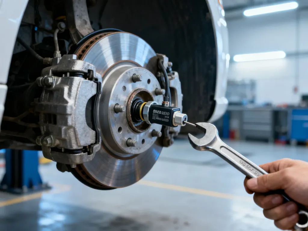 Mechanik montuje czujnik prędkości obrotowej koła przy użyciu klucza w profesjonalnym warsztacie samochodowym.