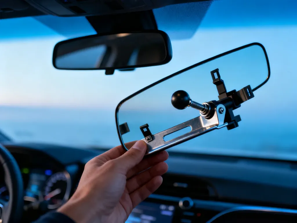 Dłoń demontująca lusterko wsteczne w samochodzie, ukazująca mechanizm mocowania i przegub kulowy.