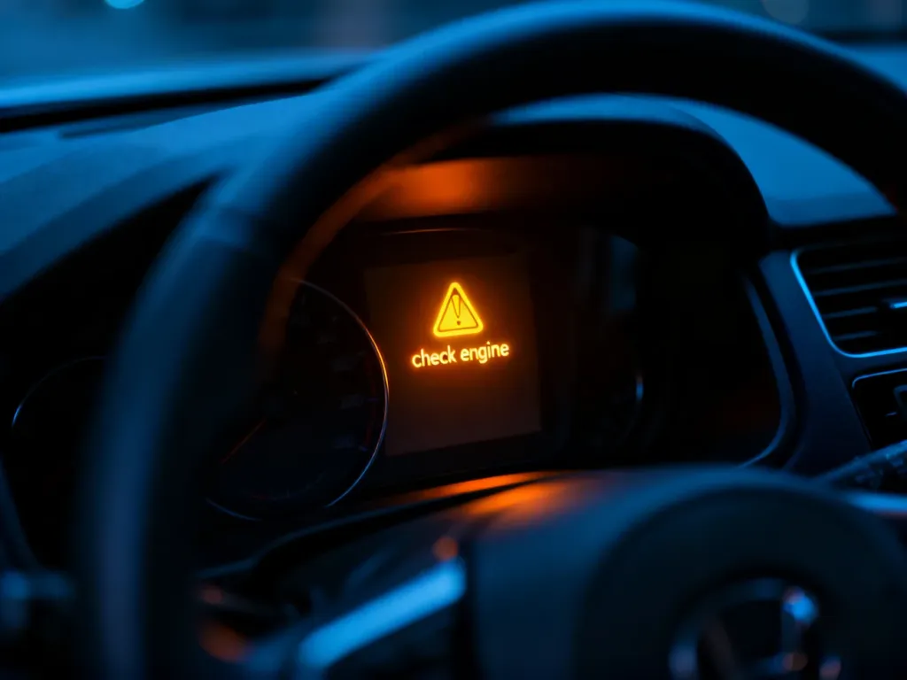 Świecąca na desce rozdzielczej żółta kontrolka „check engine” w nocnej scenerii wnętrza samochodu.