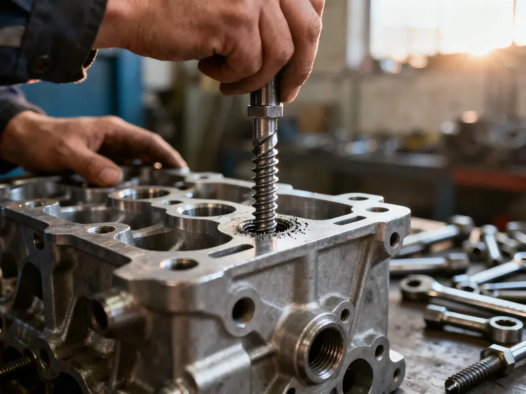 Mechanik w warsztacie wkręca spiralną wkładkę naprawczą w nagwintowany otwór w bloku silnika.