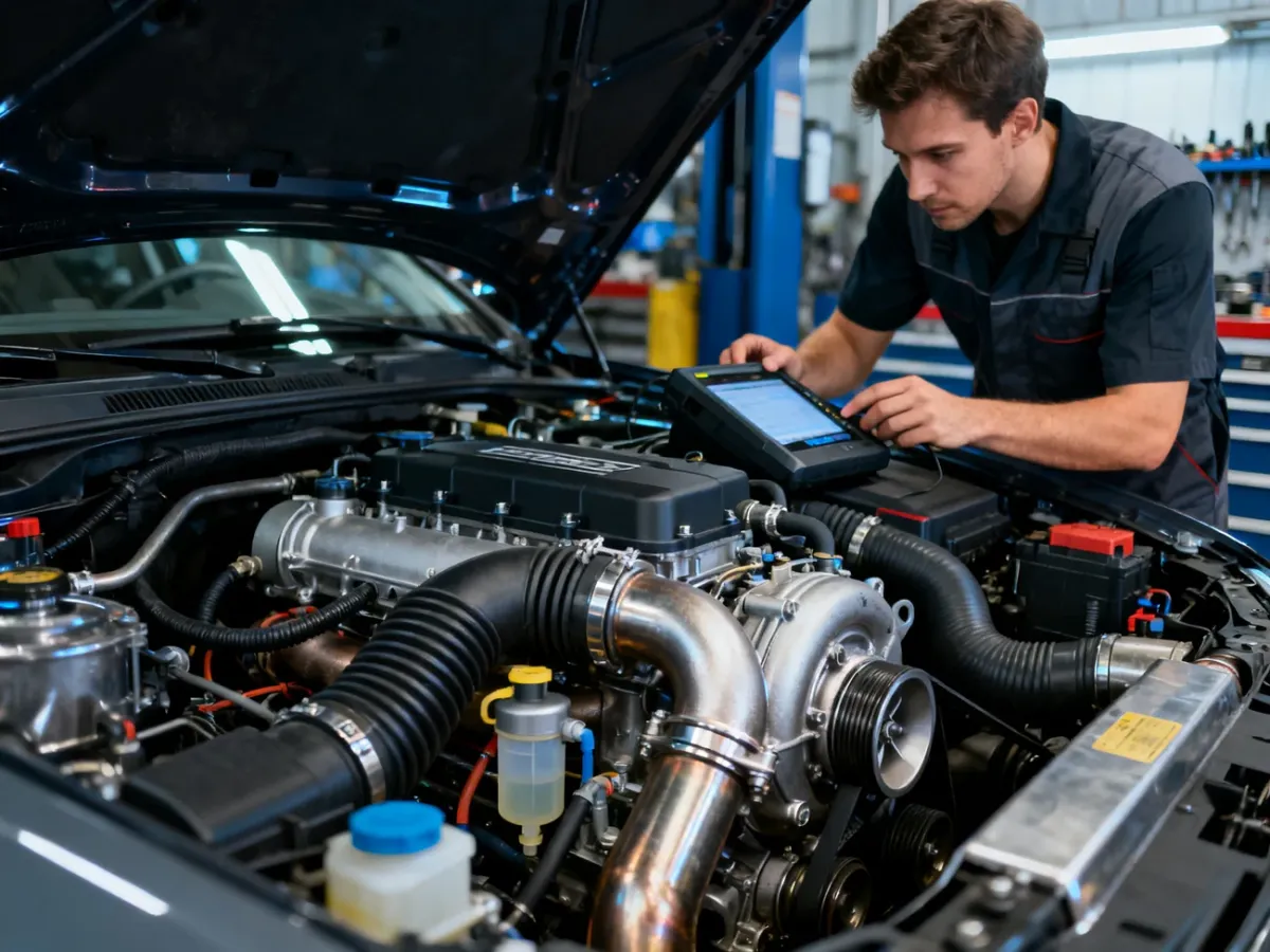 Mechanik diagnozujący układy dolotu, paliwowy i wydechowy w samochodzie