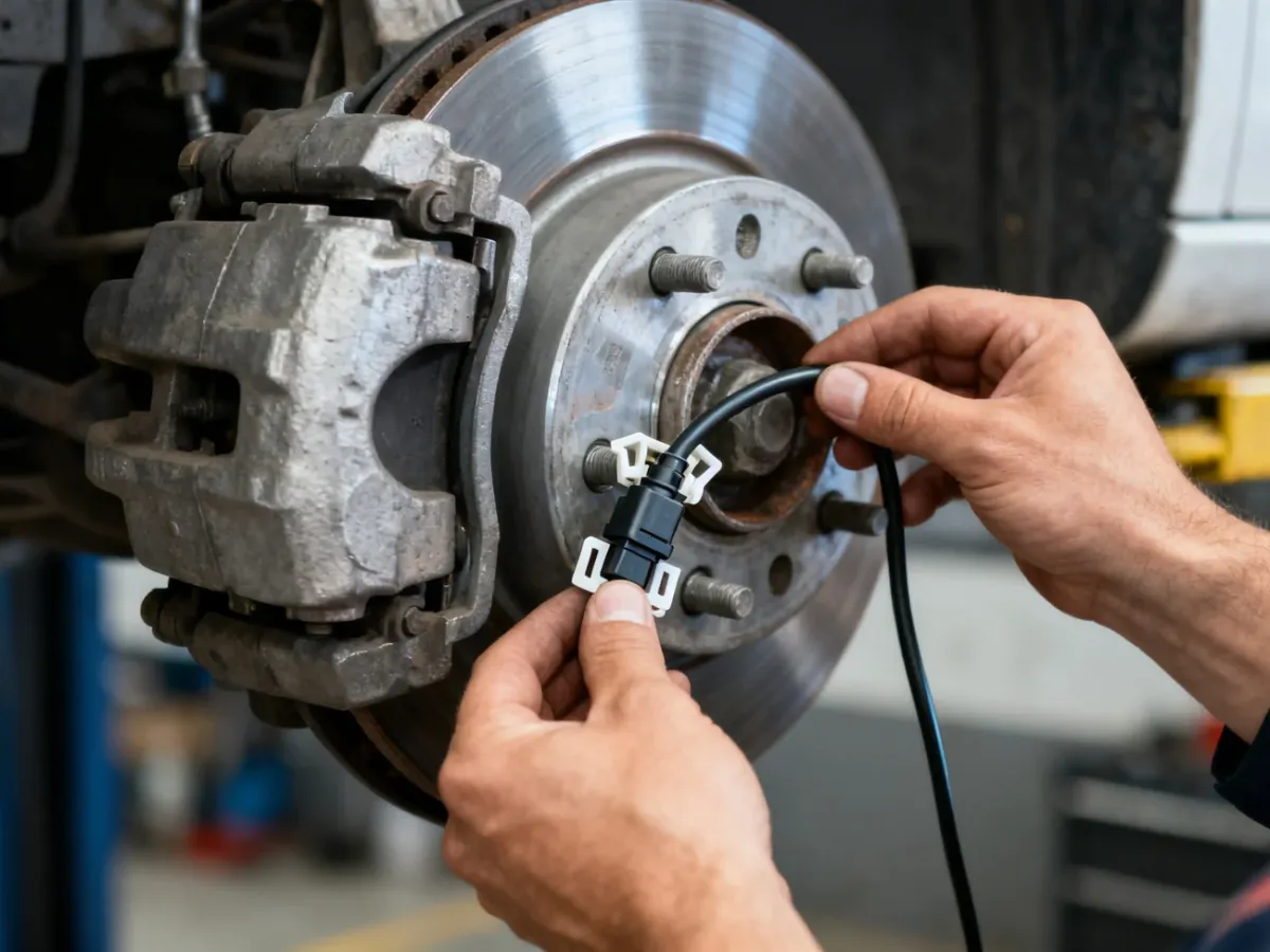Mechanik montujący nowy czujnik prędkości obrotowej przy piaście koła