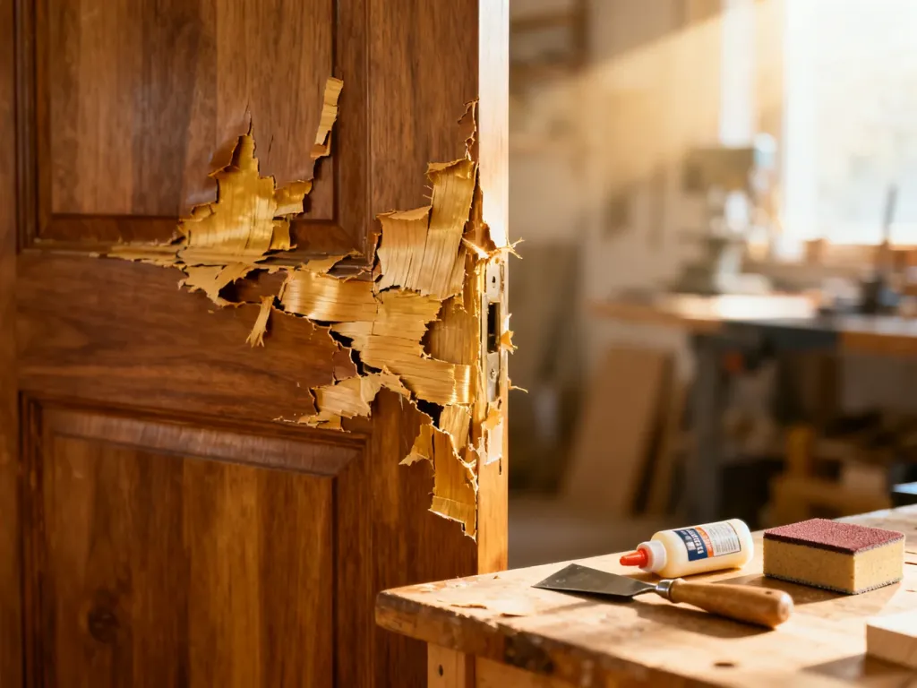 Uszkodzona okleina drzwi oraz narzędzia naprawcze przygotowane na warsztatowym stole.