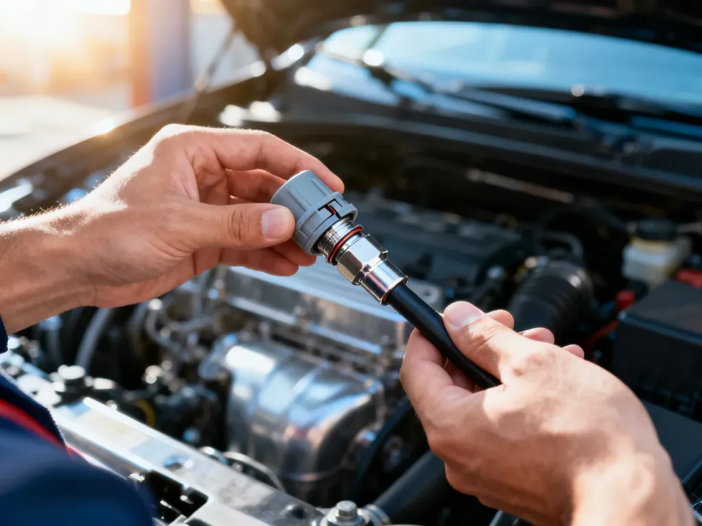 Dłonie mechanika trzymające szybkozłączkę przewodu paliwowego, prezentujące mechanizm blokujący w komorze silnika.