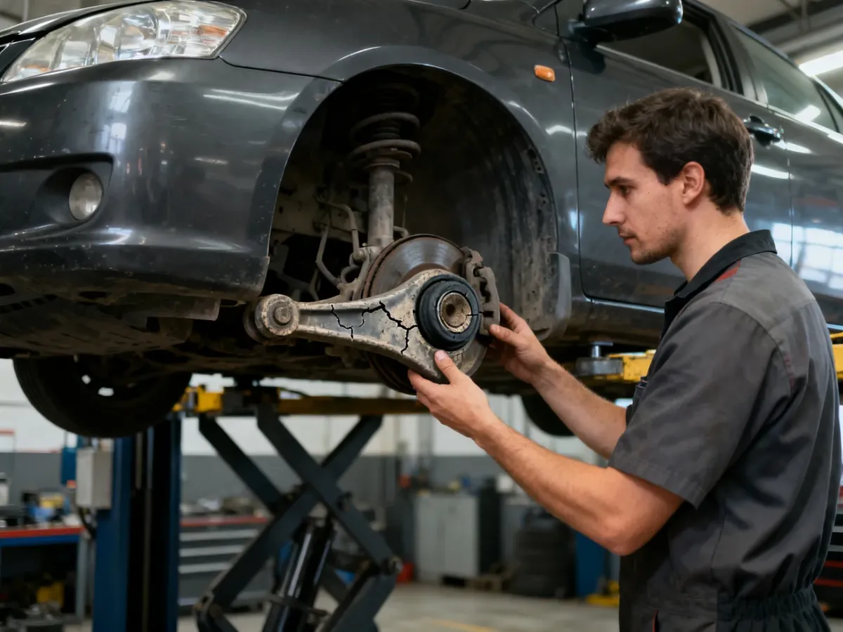 Mechanik sprawdza zużytą tuleję wahacza w podniesionym samochodzie