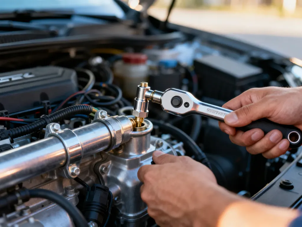 Mechanik dokręca kluczem dynamometrycznym nowy czujnik ciśnienia paliwa na listwie wtryskowej silnika typu common rail.