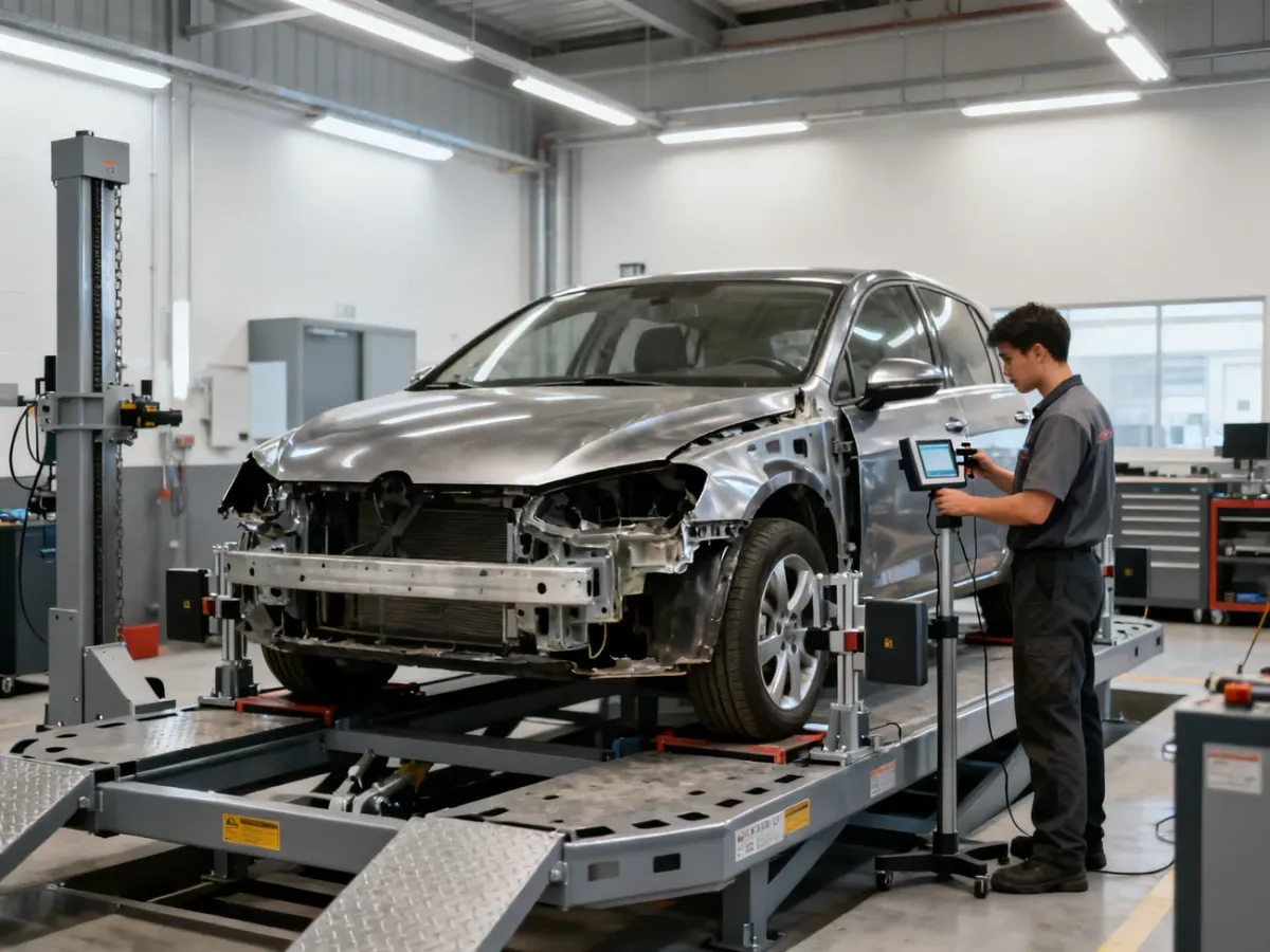 Mechanik mierzący geometrię uszkodzonego samochodu na stanowisku naprawczym