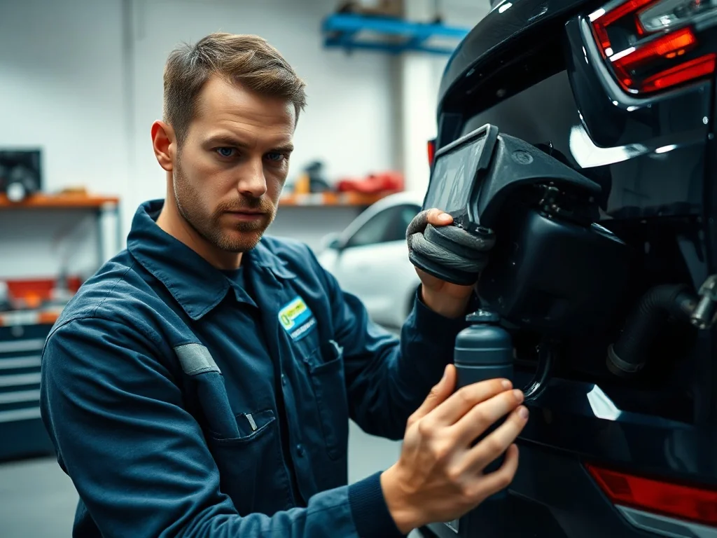 Mechanik montujący hak holowniczy w nowoczesnym samochodzie w profesjonalnym warsztacie.