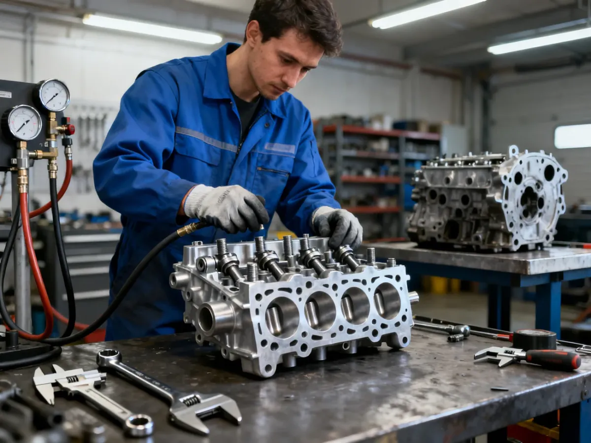Mechanik sprawdza zdemontowaną głowicę silnika w warsztacie