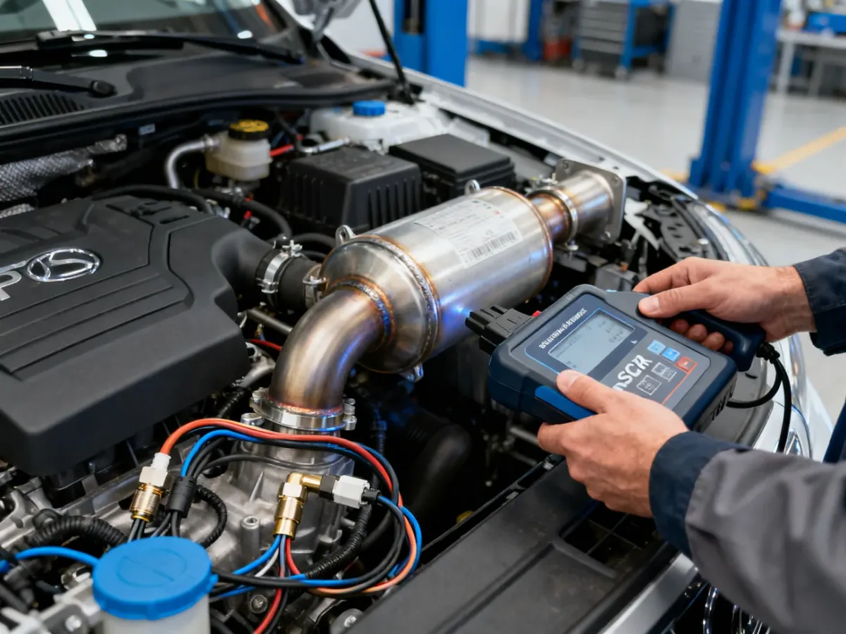 Mechanik diagnozujący czujnik NOx i układ oczyszczania spalin w samochodzie
