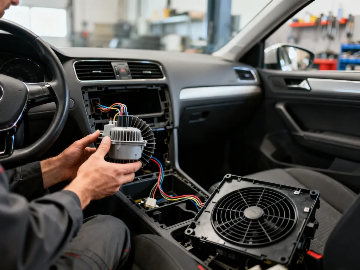 Mechanik wymieniający silniczek dmuchawy za schowkiem pasażera