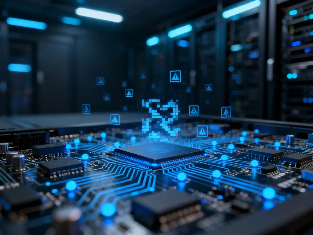Zbliżenie na płytkę drukowaną z cyfrowymi błędami, symbolizujące powracające usterki w systemach elektronicznych.