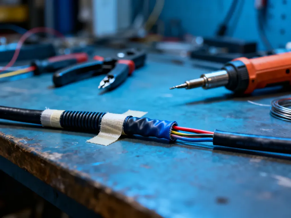 Profesjonalnie zabezpieczony przewód elektryczny z użyciem koszulki termokurczliwej i taśmy izolacyjnej na warsztacie.