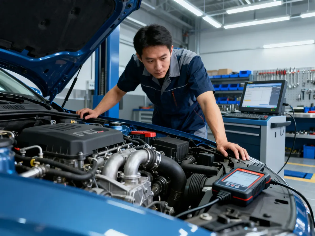 Mechanik diagnozujący nierówno pracujący silnik za pomocą testera OBD2