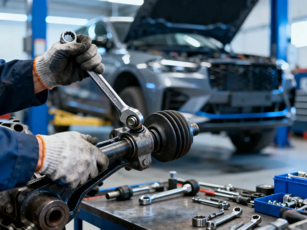 Mechanik w rękawicach używa klucza do wymiany końcówki drążka kierowniczego w samochodzie w profesjonalnym warsztacie.