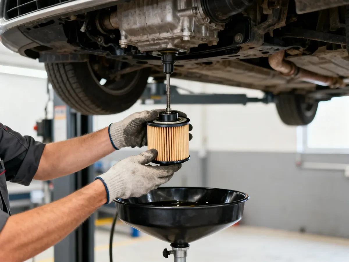 Mechanik w rękawicach montujący nowy filtr oleju pod samochodem