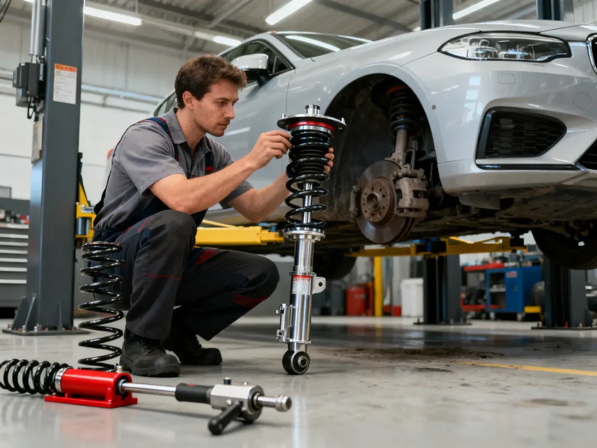 Mechanik sprawdzający przednią kolumnę McPhersona po wymianie amortyzatora