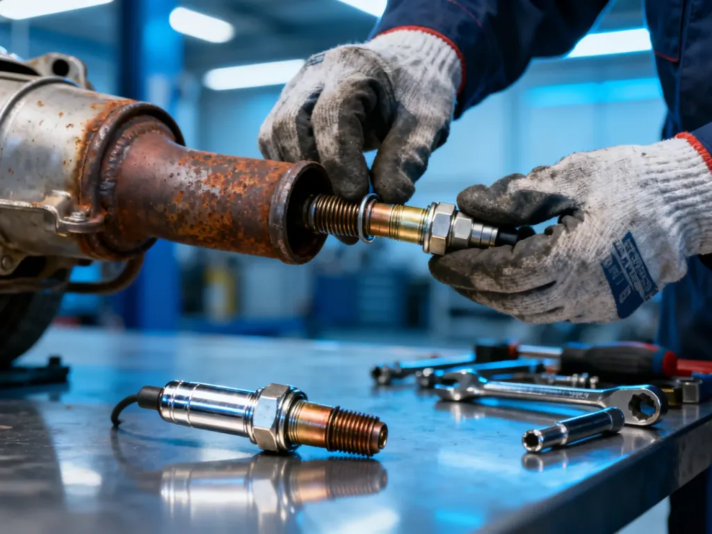 Mechanik montuje nową sondę lambda w rurze wydechowej samochodu, obok na stole leżą narzędzia i nowy czujnik.