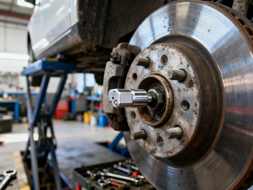 Mechanik montuje nowy czujnik ABS przy piaście koła w samochodzie Peugeot 407. Zbliżenie na proces wymiany części.